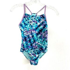 Speedo Girls Thin Strap One Piece Swimsuit Aqua/Purple Silicone Grippers Sz‎ Med
